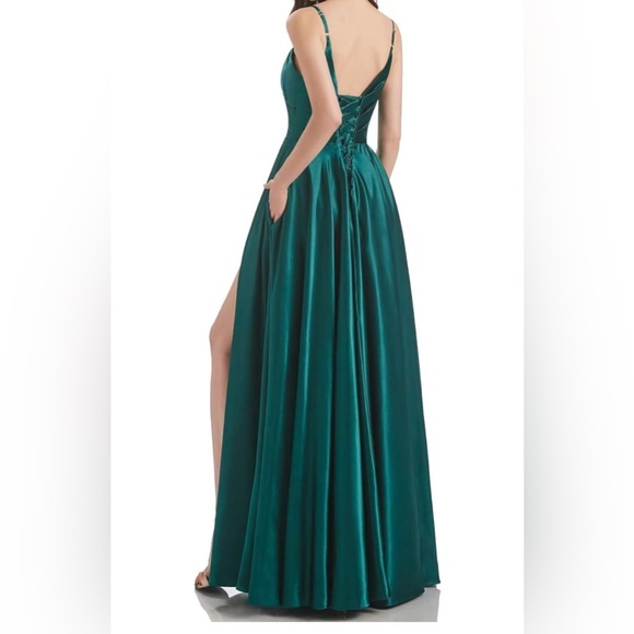 Off Shoulder, Long Pleat Chiffon Aline Slit Formal Dress w/ pockets - Picture 2 of 3
